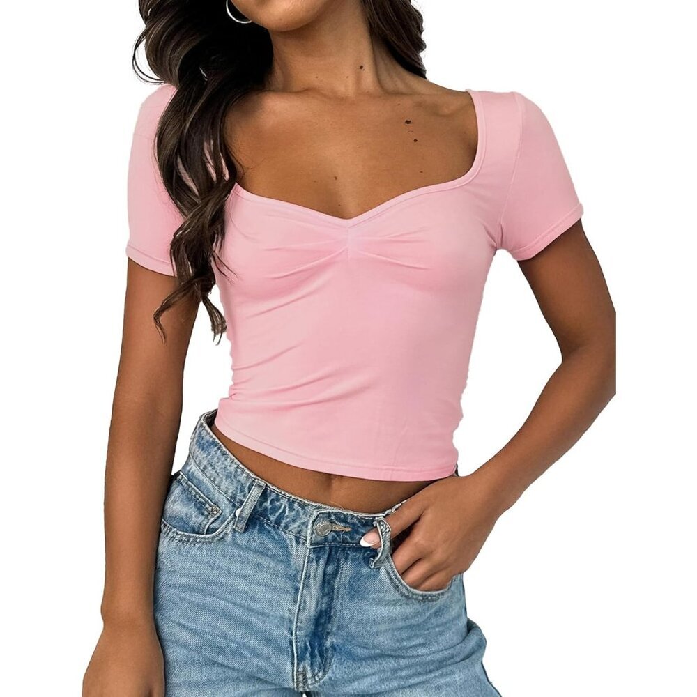 Women's Cropped Tops Pink Short Sleeve Pleated Ruched Casual Sweetheart Neck